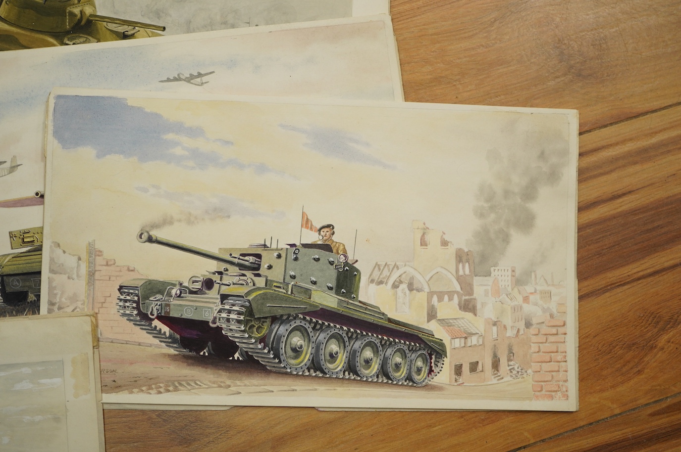 Alan Anderson, set of eight original WWII watercolours for postcard designs, Military vehicles to include ‘Cromwell Tank’, Matilda Infantry Tank’, ‘Churchill Heavy Infantry Tank’ and ‘Crusader Tank’, each with original c